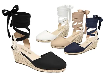 Women Espadrilles Wedge Sandals Lace Up Strappy Close Toe Casual Sandals • $27.99