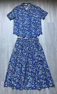 Vtg 80's Norton Mcnaughton 2pc Skirt + Blouse Dress Set Blue Vibrant Floral • $18