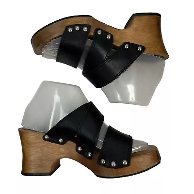 Vtg 1980's Candies Size 7 Platforms Sandals Black Leather Wood Chunky Heels Stud • $59.97