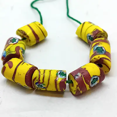 African Venetian Trade Beads Antique Yellow Glass Star Rooster Cane 16mm X7 Vgc • £19