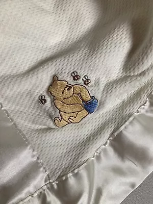VTG Disney Classic Winnie The Pooh Baby Blanket Cotton & Satin Trim 31x34 Cream • $40