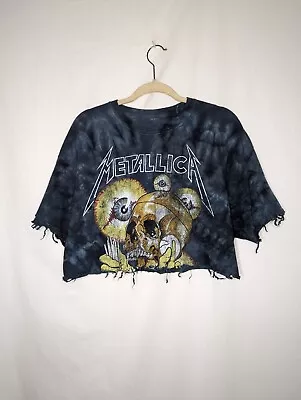 Bravado Women's Metallica Black Gray Tie Dye Thrashed Hem Crop Top Size XL • $25