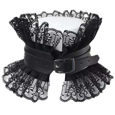 Women Retro Fake Collar Gothic Faux Leather Ruffled Lace Choker Necklace • £8.06