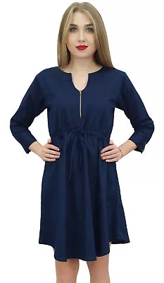 Bimba Women's Short Denim Casual Dress Dark Blue Drawstring Waist Dresses • $29.69