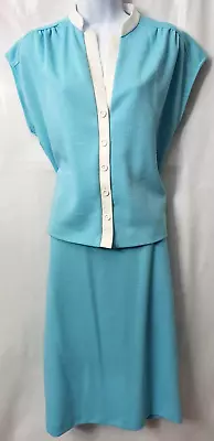 VTG 70s Top Skirt Set 14 Plus Women Light Blue Cap Sleeve Suit Retro Polyester • $34.99