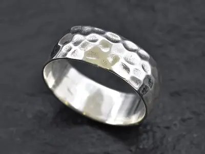 Mens Silver Hammered Band 925 Solid Handmade Wide Band Wedding Band All Size SK3 • $15.83