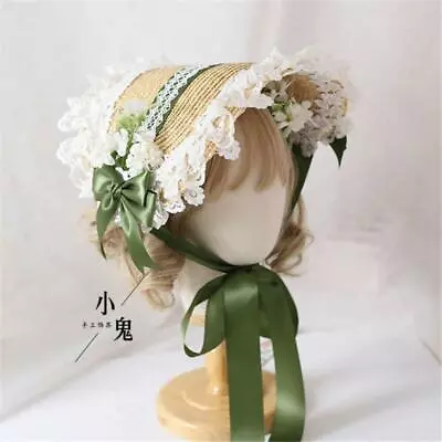 Lolita Girls Lace Straw Bonnet With Bowknot Cute Civil War Straw Hat Copslay • $37.61