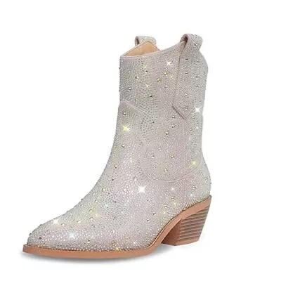 Rhinestone Cowboy Boots For Women - Sparkly Cowgirl Boots For 8 Apricot & Ankle • $91.56