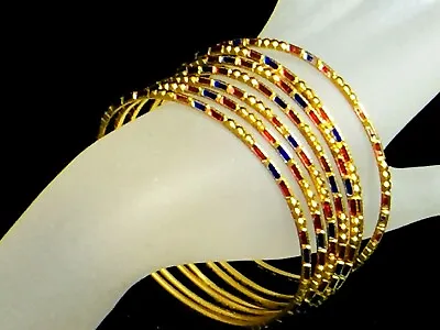 22K Yellow Gold Colorful Enamel Texture Stackable Bangle Set Of 7 7 1/2  79.1gm • $1.55