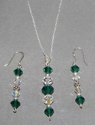 Vtg Sterling AB Emerald Rhinestone Earring Necklace Set #6100 Gift Box Free Ship • $29.95