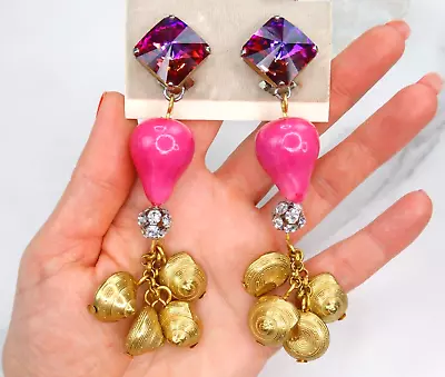 High End 80s Vtg Watermelon Glass Crystal Pink Shell 4 + Drop Xl Earrings French • $102.50