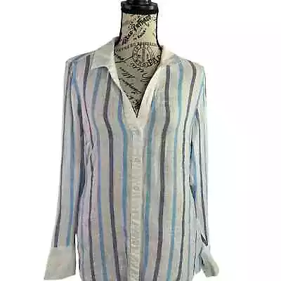      ISLAND COMPANY Linen Striped Shirt Long Sleeve Beach Button Up Womens Small • $22.50