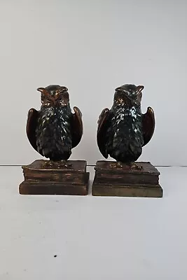 Vintage 1956 Pompeian Bronze Owl On Book Heavy Bookends Set 7  Great Patina • $89.99