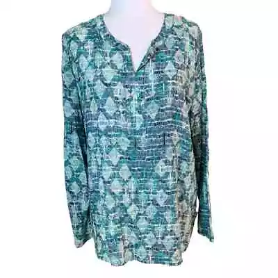 Van Heusen Plus Size XXL Split Neck Blouse Top Blue Green Abstract Long Sleeve • $32