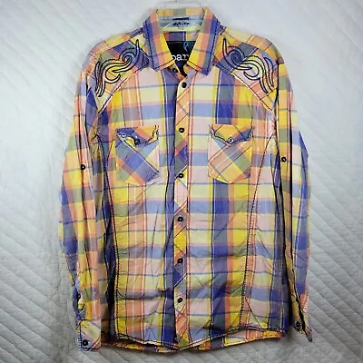 Roar Shirt Mens Large Yellow Blue Plaid Button Up Long Sleeve Buckle Signature • $22.88