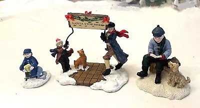 Set Of 3 Christmas Village Piece People Figures  SANTA STOP HERE  Banner Men Dog • $8.99