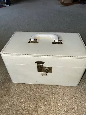 Vintage Hard Travel Cosmetic Train Case Suitcase Luggage - White W Mirror • $40