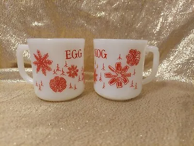 Vintage Fire King Egg Nog Snowflake Milk Glass Set Of 2  Mugs 60s Holiday Cups • $30