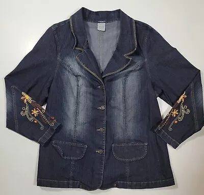 Z Cavaricci Jacket Womens 2X Denim Jeans Distressed Embroidered Flower Design  • $23.99