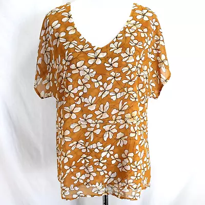 CAbi Thrive Blouse Womens Size M Butterscotch Floral Short Sleeve V Neck #3598 • $23.99