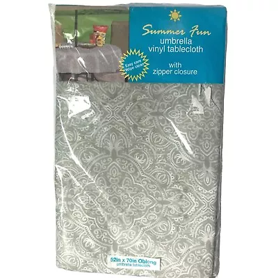 Vinyl Umbrella Tablecloth Zipper Closure Gray White Medallion Oblong 52X70 NEW • $12.95