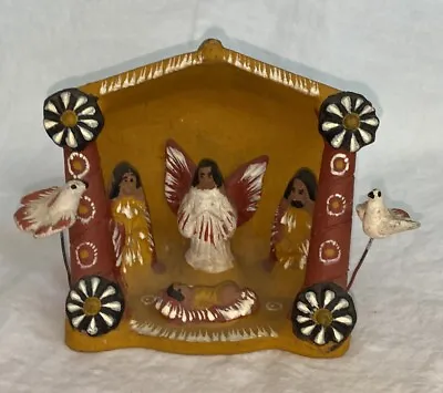 Folk Art Clay Nativity Set Handmade Hand Painted Manger Made In Mexico 5” X 5” • $30