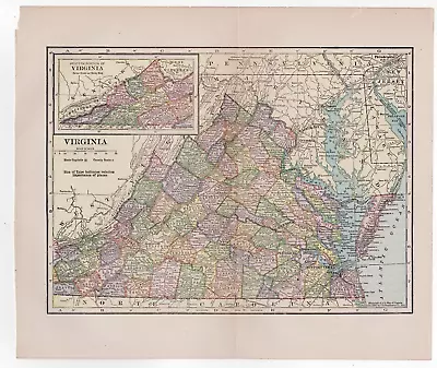 Virginia State Detailed Antique Map Original Clean 1908 C.S. Hammond • $15.95