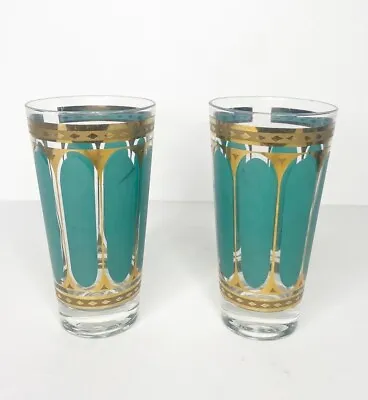 Fred Press Signed Highball Glasses Green And Gold Vintage Set Of 2 • $54.99
