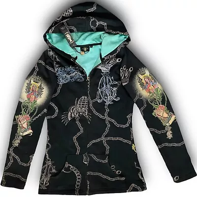 Christian Audigier Ed Hardy PLATINUM Hoodie Embellished Jacket Tattoo Satin Sz S • £110.87