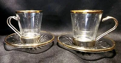 Vtg Fidenza Espresso Cups & Sauces Clear Glass With Gold Trim Accents Set Of 2 • $28