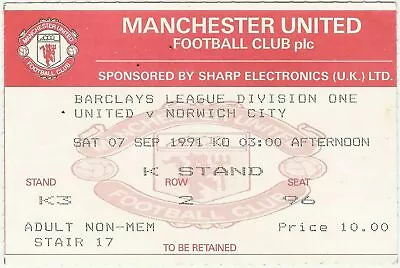 MANCHESTER UNITED V NORWICH CITY LEAGUE DIVISION 1 1991/92 MATCH TICKET • £2.99