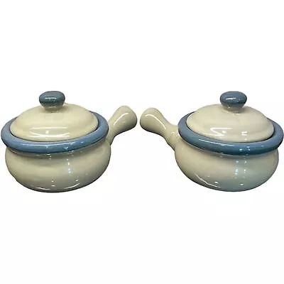 Vintage Earthware Stone Soup Crock Set Of 2 With Handle And Cover Blueprint Line • $28.99