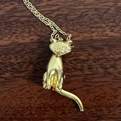 Vintage SP Gold Tone Articulated Cat Necklace With Crystal Eyes 24” & 1” Pendant • $16