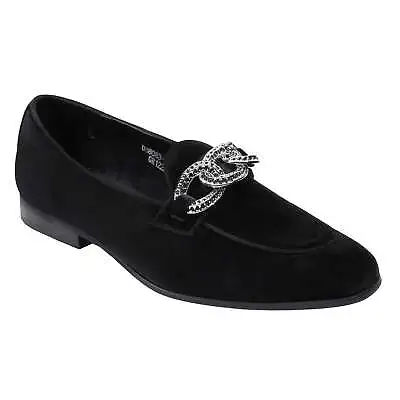 Men’s Black Velvet Loafers With Diamond Chain Buckle Wedding Party Dress Shoes • £44.99