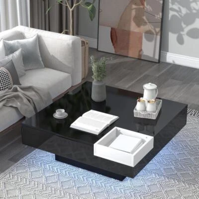 $219.99 • Buy High Gloss Coffee Table With LED Lights Detachable Tray Accent Center Table