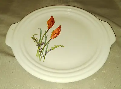 Leigh Potters LEP25 Handled Cake Plate Leigh Ware Orange Flowers On 1 Side Rings • $12.95