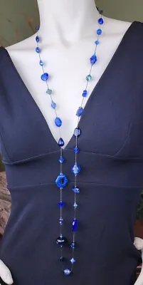 Dabby Reid Annie Illusions Necklace Gunmetal Chain Assorted Blue Art Glass Bead  • $70.39