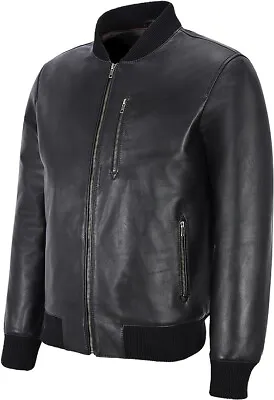 Black Bomber Leather Jacket 100% Real Soft Sheepskin Leather  Varsity • $118.99