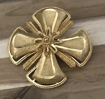 Vintage Maltese Cross Brooch Gold Tone Diamond-Cut CFW Signed 2” • $9.98