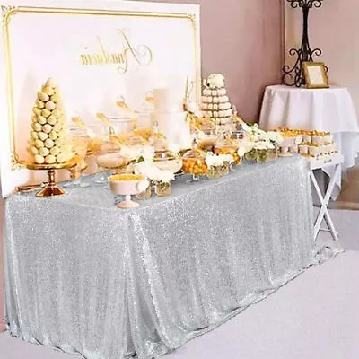 Glitter Sequin Silver Tablecloth Sparkly Table Cloth Cover Wedding Party Banquet • £7.59