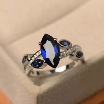 Marquise Cut Lab-Created Blue Sapphire Women's Fancy Ring 14K White Gold Plated. • $87.49