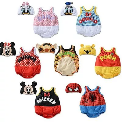 NEW Baby Boy Girl Disney 7 Costumes 2 Pieces Romper Outfit Set Clothes Size 0-2Y • $18.95