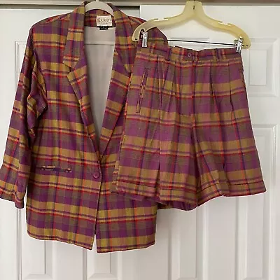 Vintage 80's Adolfo Royalty Purple Plaid Suit Blazer Medium & Bermuda Shorts 12 • $74.95