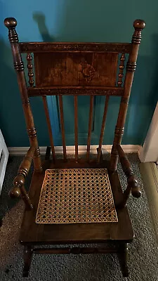 Antique Oak Children's Rocking Chair Lion And Cub Bas Relief Design Hand Caned • $125