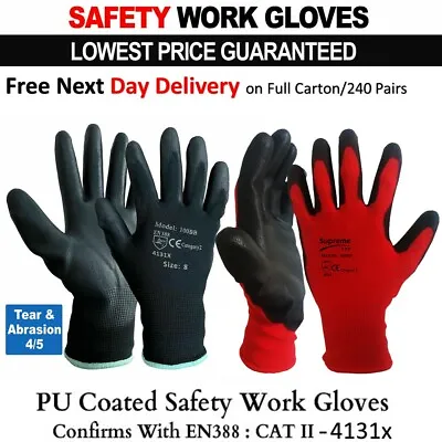 RED BLACK Nylon PU Coated Safety Work Gloves Builders Construction 1 - 240 Pairs • £120