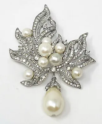 Vintage Retro Monet Silver Tone Faux Pearl Rhinestone Floral Spray Brooch Pin • $25.20