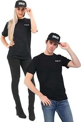 Adult SWAT Team T-Shirt & Cap Police FBI Tactical Military Fancy Dress Costume • £10.90