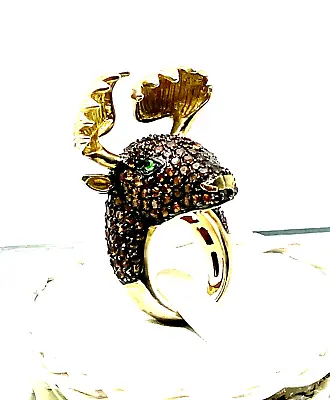 Sterling Silver Moose Head Figural Statement Ring Pave CZ Emerald Chocolate Gold • $62.99