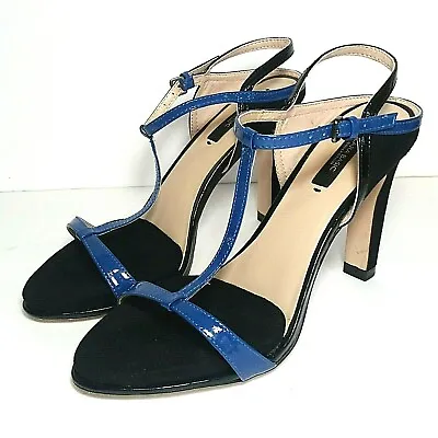 Zara Basic T-strap Heeled Sandals Black Blue Size 37 Faux Patent Straps 4  Heel • $36
