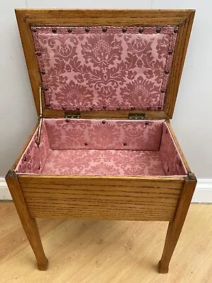 Vintage Retro Wooden Oak Upholstered Sewing Knitting Box In VGC • £20